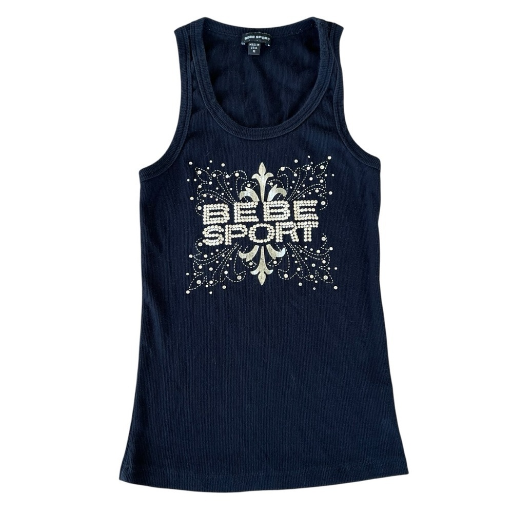 Vintage 90s Y2K Bebe Sport Fleur de Lis Bling Embellished Tank Top Black Med USA